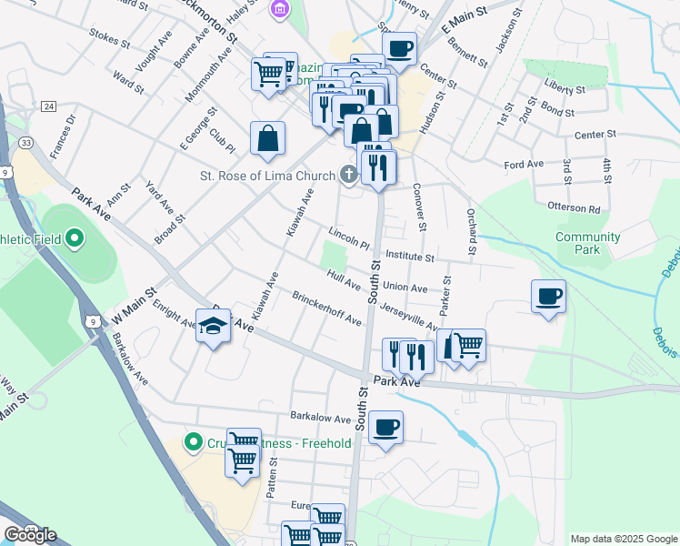 map of restaurants, bars, coffee shops, grocery stores, and more near 21 Hull Avenue in Freehold