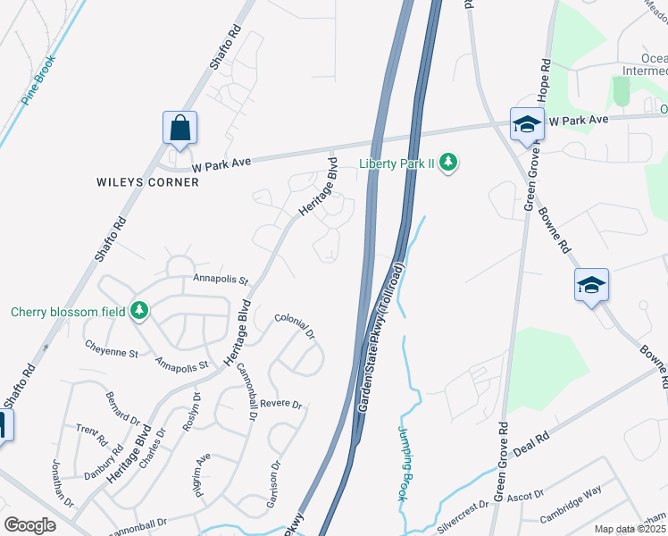 map of restaurants, bars, coffee shops, grocery stores, and more near 58 Des Moines Court in Tinton Falls