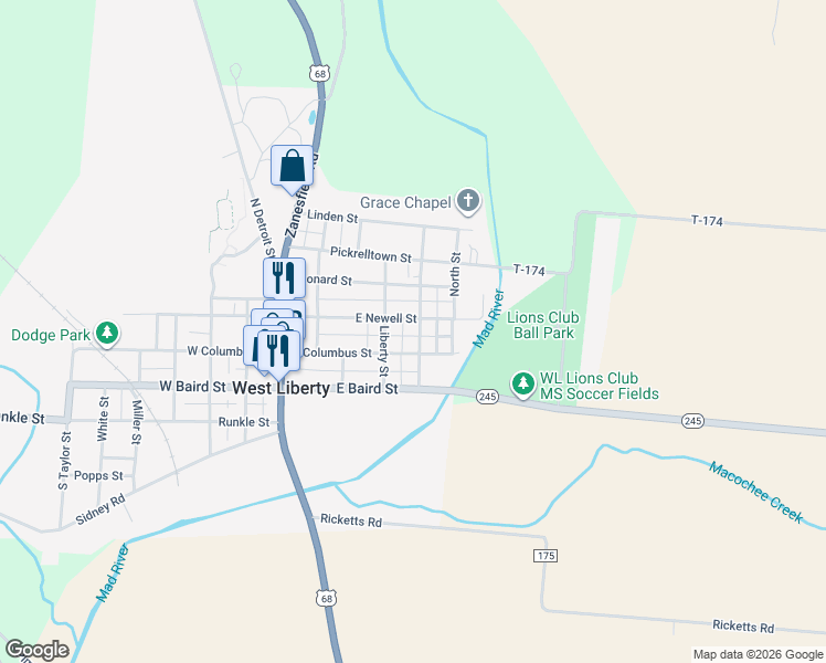 map of restaurants, bars, coffee shops, grocery stores, and more near 208 Washington Street in West Liberty