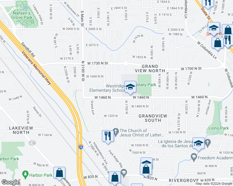 map of restaurants, bars, coffee shops, grocery stores, and more near 1491 North 1830 West Street in Provo