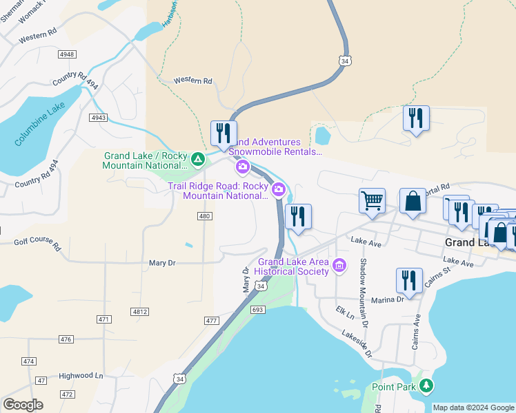map of restaurants, bars, coffee shops, grocery stores, and more near 204 Tall Pine Circle in Grand Lake