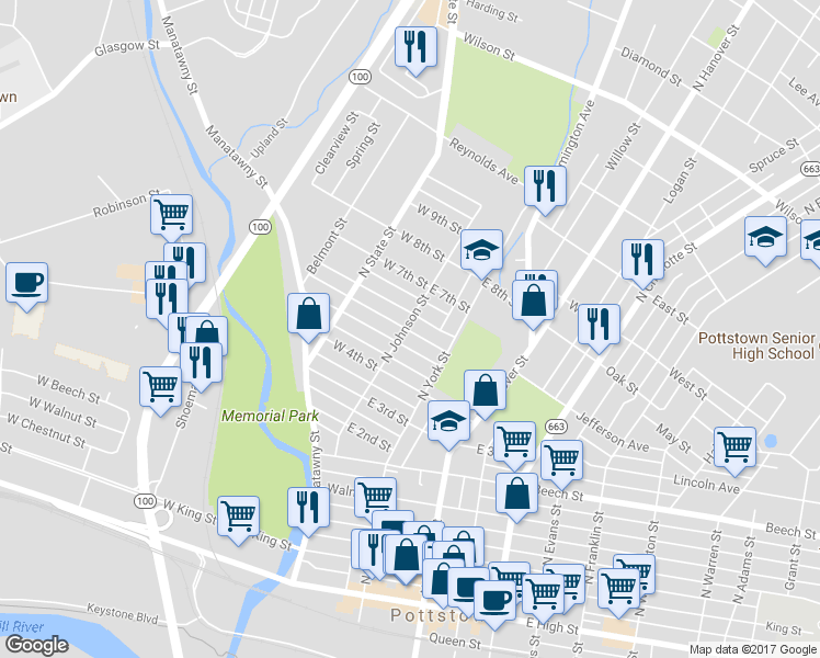 map of restaurants, bars, coffee shops, grocery stores, and more near 412 North Johnson Street in Pottstown
