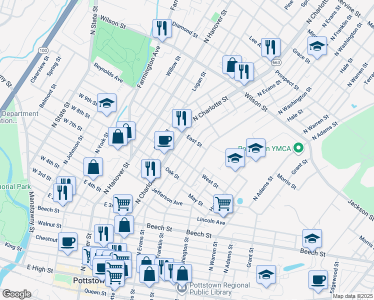 map of restaurants, bars, coffee shops, grocery stores, and more near 517 North Evans Street in Pottstown