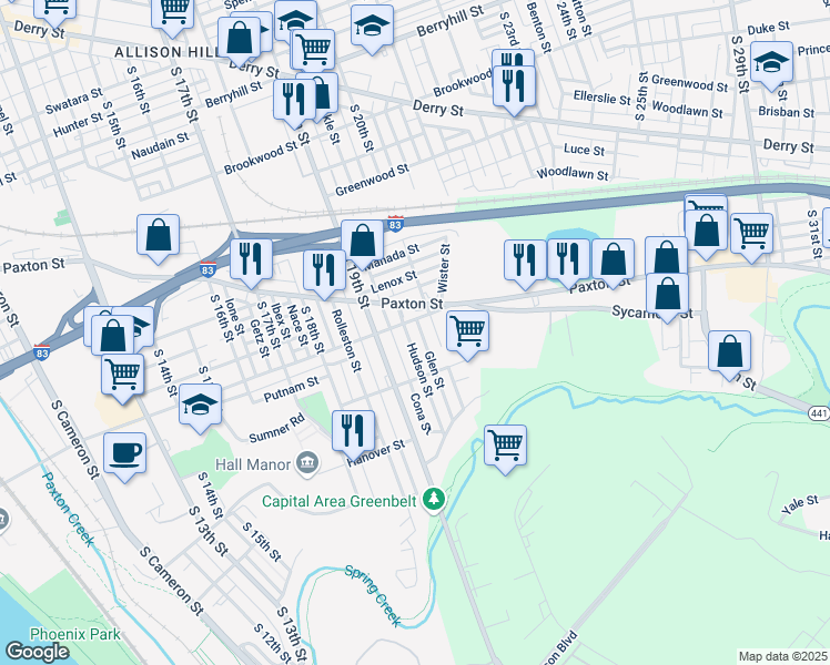 map of restaurants, bars, coffee shops, grocery stores, and more near 1109 Hudson Street in Harrisburg