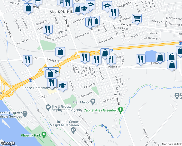 map of restaurants, bars, coffee shops, grocery stores, and more near 1720 Wayne Street in Harrisburg