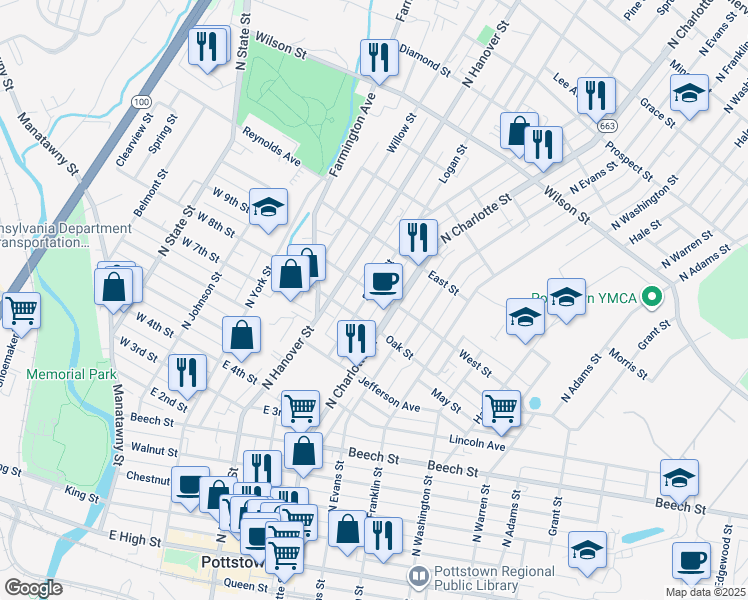 map of restaurants, bars, coffee shops, grocery stores, and more near 478 Spruce Street in Pottstown