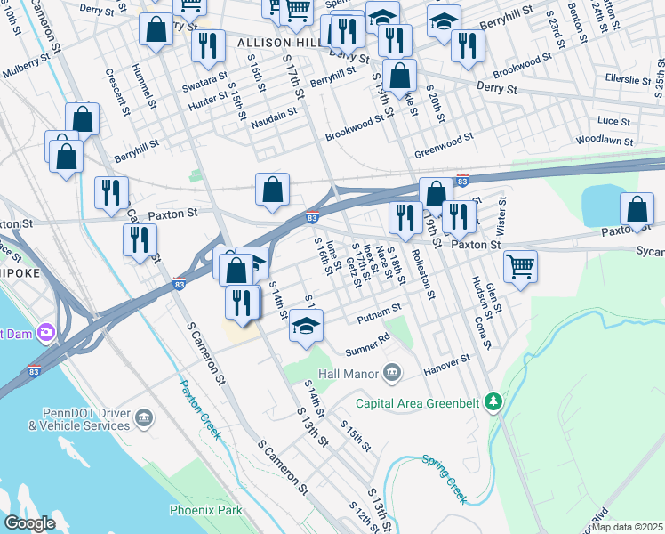 map of restaurants, bars, coffee shops, grocery stores, and more near 953 South 16th Street in Harrisburg