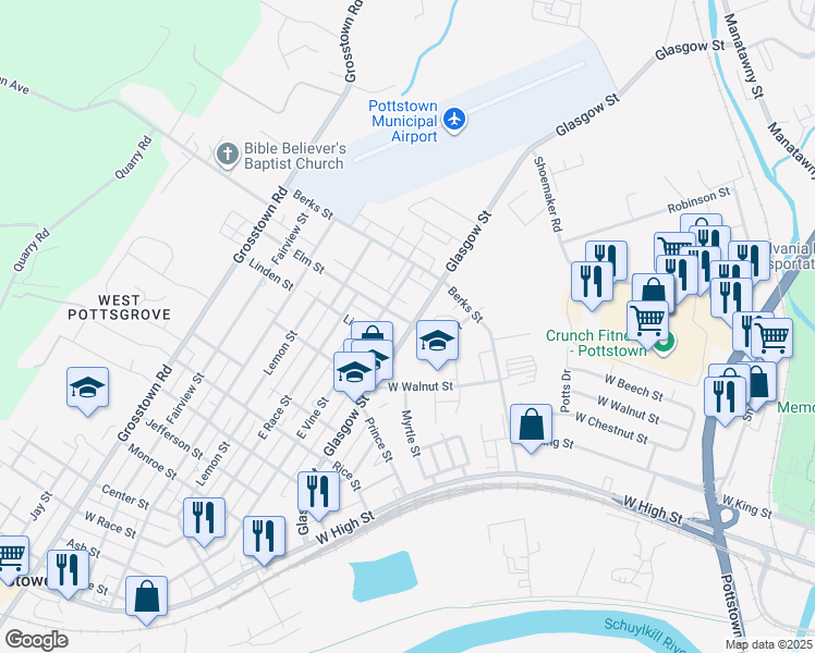 map of restaurants, bars, coffee shops, grocery stores, and more near 729 Glasgow Street in Pottstown