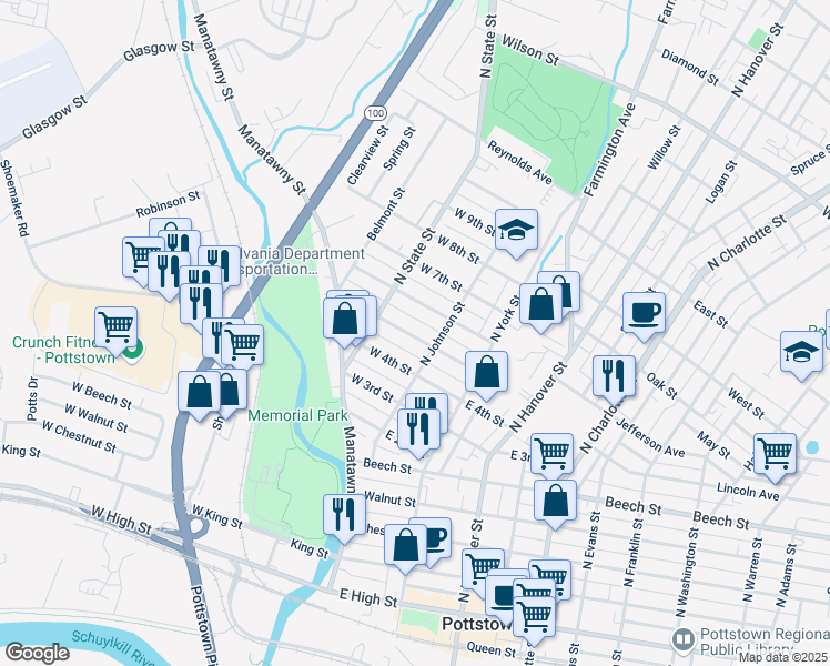 map of restaurants, bars, coffee shops, grocery stores, and more near 31 West 5th Street in Pottstown