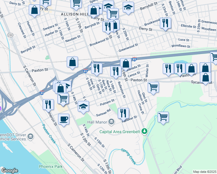 map of restaurants, bars, coffee shops, grocery stores, and more near 1720 Wayne Street in Harrisburg