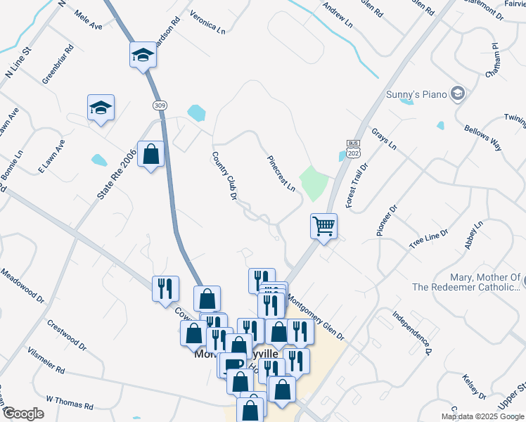 map of restaurants, bars, coffee shops, grocery stores, and more near 443 Country Club Drive in Lansdale
