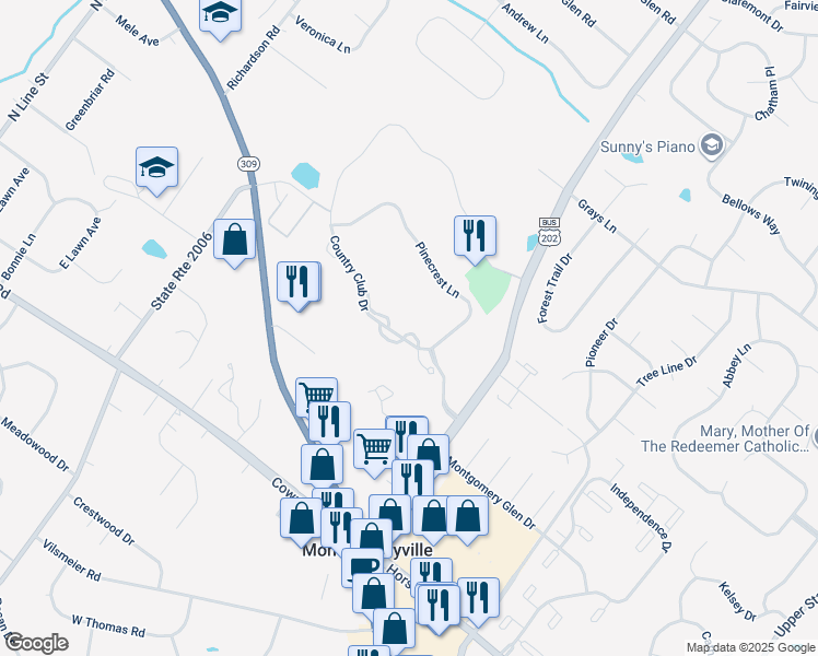 map of restaurants, bars, coffee shops, grocery stores, and more near 443 Country Club Drive in Lansdale