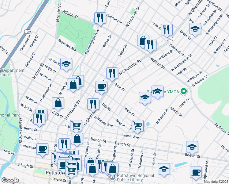 map of restaurants, bars, coffee shops, grocery stores, and more near 517 North Evans Street in Pottstown