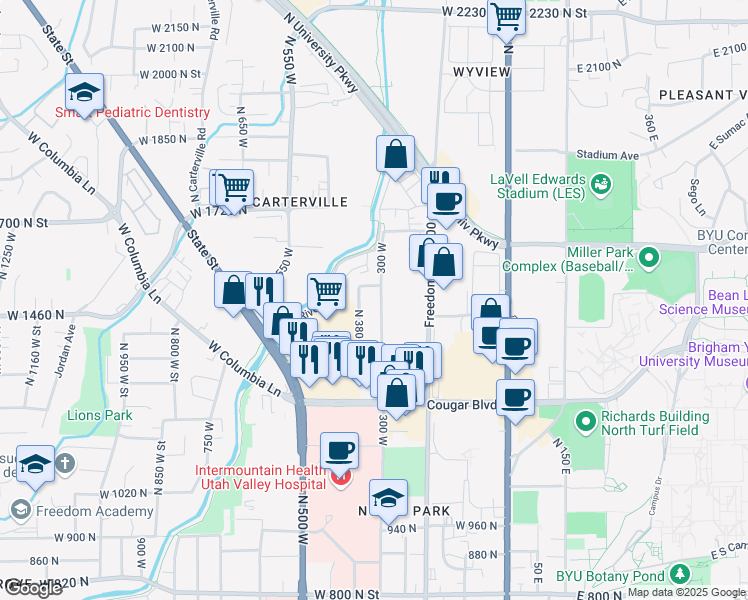map of restaurants, bars, coffee shops, grocery stores, and more near 1489 N 300 W in Provo