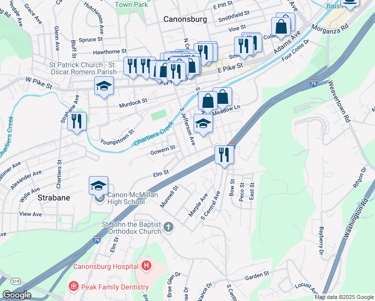 map of restaurants, bars, coffee shops, grocery stores, and more near 203 Richland Avenue in Canonsburg