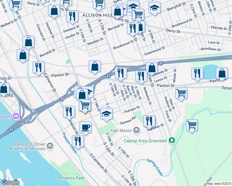 map of restaurants, bars, coffee shops, grocery stores, and more near 953 South 16th Street in Harrisburg