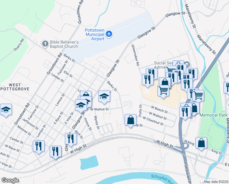 map of restaurants, bars, coffee shops, grocery stores, and more near 237 Berks Street in Pottstown