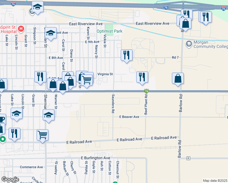 map of restaurants, bars, coffee shops, grocery stores, and more near County Road 19 5/10 in Fort Morgan