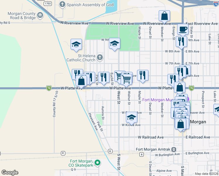 map of restaurants, bars, coffee shops, grocery stores, and more near 813 West Platte Avenue in Fort Morgan