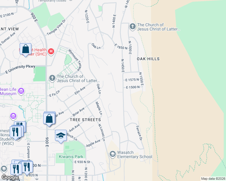 map of restaurants, bars, coffee shops, grocery stores, and more near 1338 South 1500 East in Provo