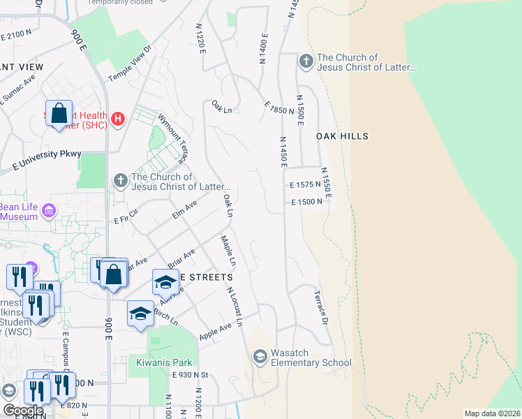 map of restaurants, bars, coffee shops, grocery stores, and more near 1338 South 1500 East in Provo