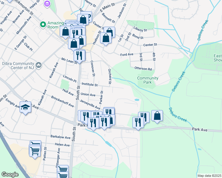 map of restaurants, bars, coffee shops, grocery stores, and more near 45 Institute Street in Freehold