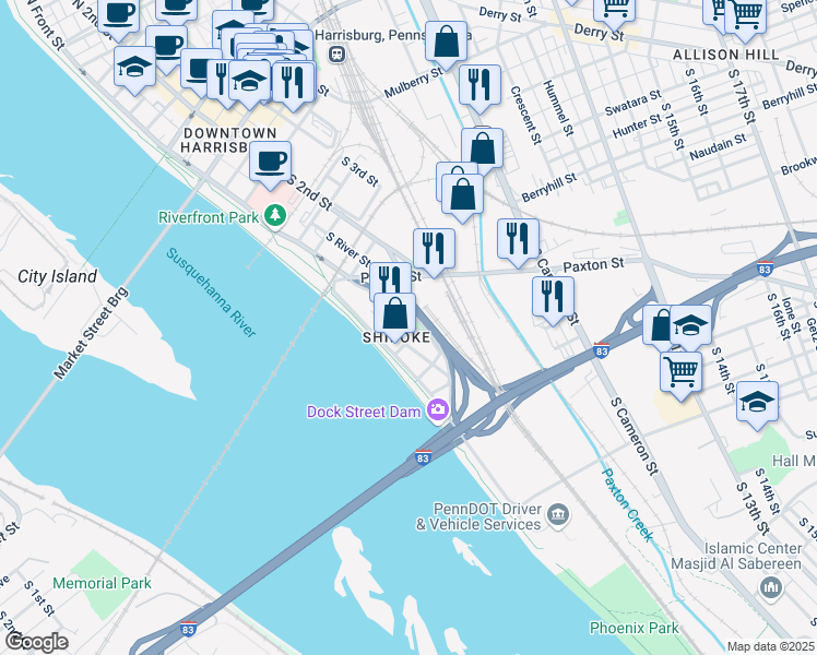map of restaurants, bars, coffee shops, grocery stores, and more near 564 Race Street in Harrisburg