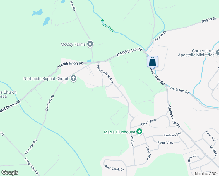 map of restaurants, bars, coffee shops, grocery stores, and more near 104 Allegheny Lane in Carlisle
