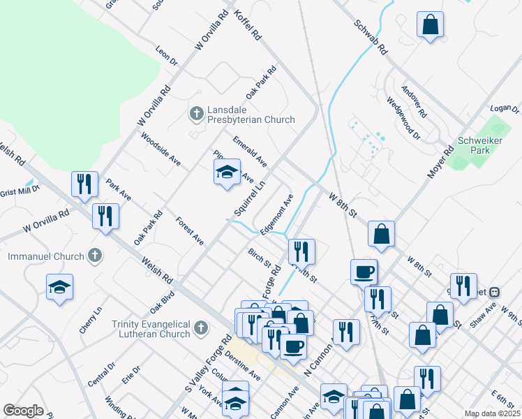 map of restaurants, bars, coffee shops, grocery stores, and more near Poplar Street in Lansdale