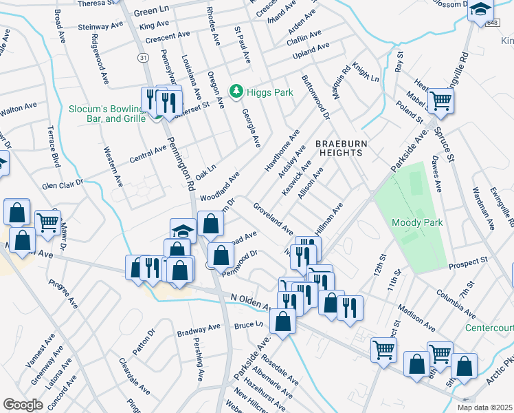 map of restaurants, bars, coffee shops, grocery stores, and more near Groveland Avenue & Ardsley Avenue in Trenton