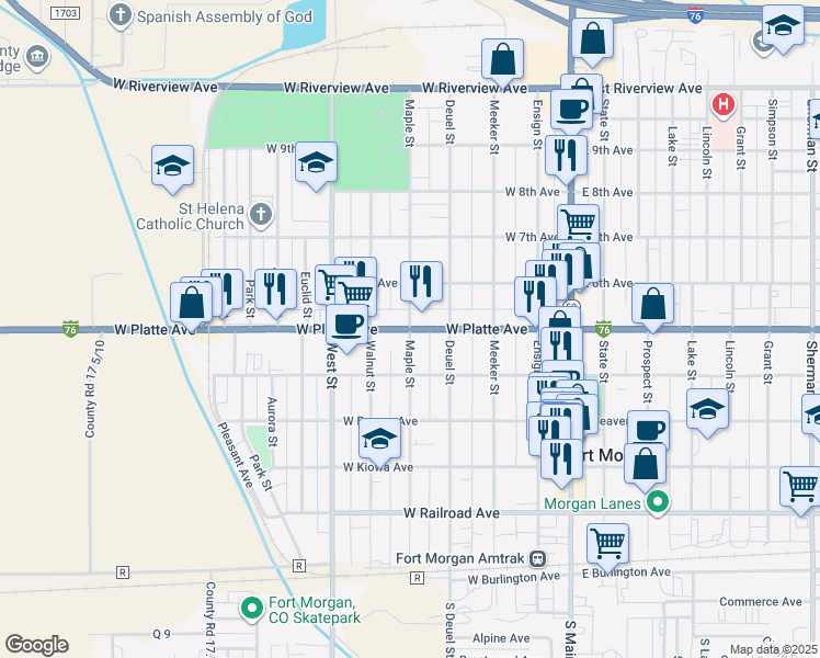 map of restaurants, bars, coffee shops, grocery stores, and more near Maple Street in Fort Morgan