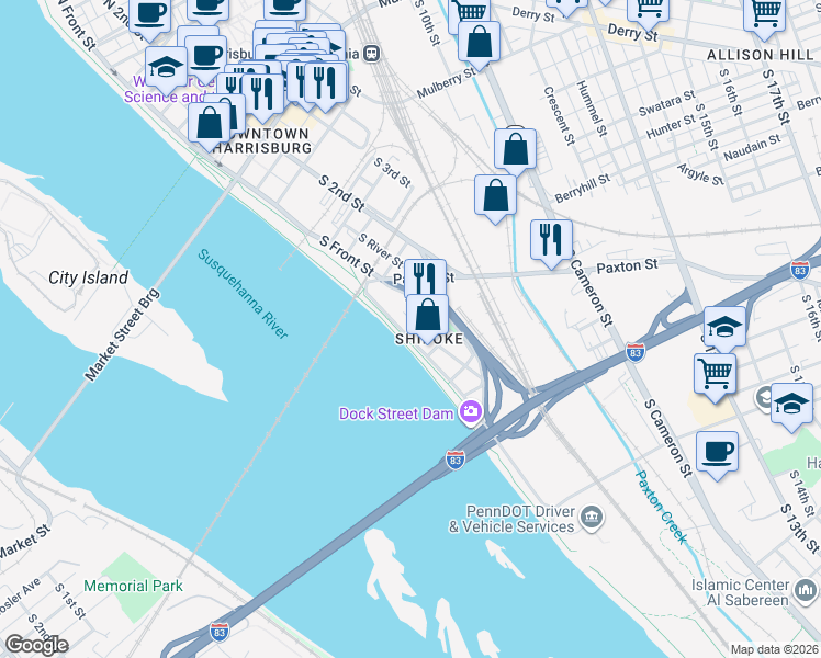 map of restaurants, bars, coffee shops, grocery stores, and more near 563 South Front Street in Harrisburg