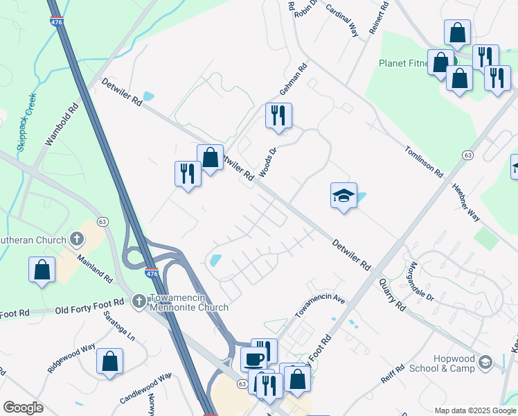 map of restaurants, bars, coffee shops, grocery stores, and more near 12 Longwood Court West in Harleysville