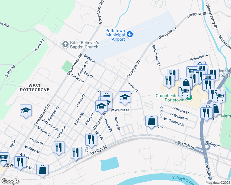 map of restaurants, bars, coffee shops, grocery stores, and more near 729 Glasgow Street in Pottstown