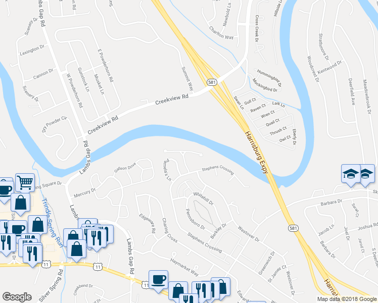 map of restaurants, bars, coffee shops, grocery stores, and more near 6271 Stanford Court in Mechanicsburg