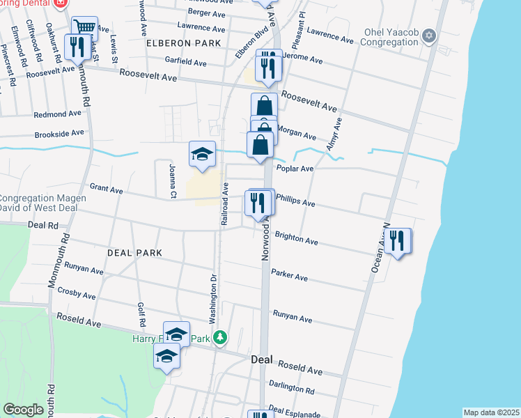 map of restaurants, bars, coffee shops, grocery stores, and more near 108 Norwood Avenue in Deal