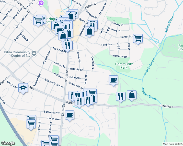 map of restaurants, bars, coffee shops, grocery stores, and more near 45 Institute St in Freehold