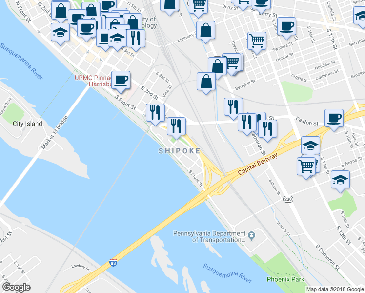 map of restaurants, bars, coffee shops, grocery stores, and more near 560 Race Street in Harrisburg