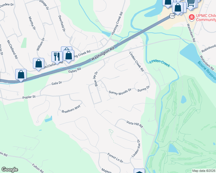 map of restaurants, bars, coffee shops, grocery stores, and more near 1005 Surrey Woods Drive in Canonsburg