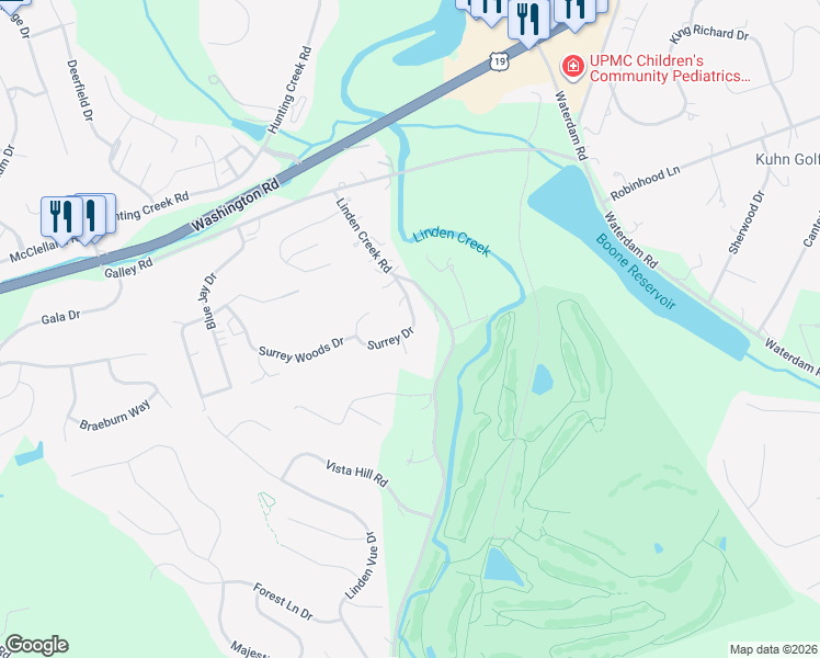 map of restaurants, bars, coffee shops, grocery stores, and more near 108 Surrey Drive in Canonsburg
