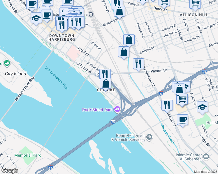 map of restaurants, bars, coffee shops, grocery stores, and more near in Harrisburg
