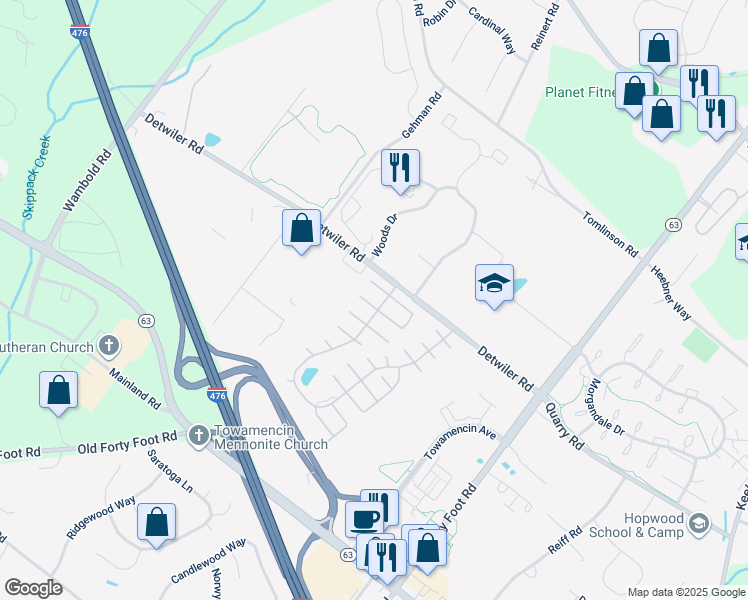 map of restaurants, bars, coffee shops, grocery stores, and more near 12 Longwood Court West in Harleysville