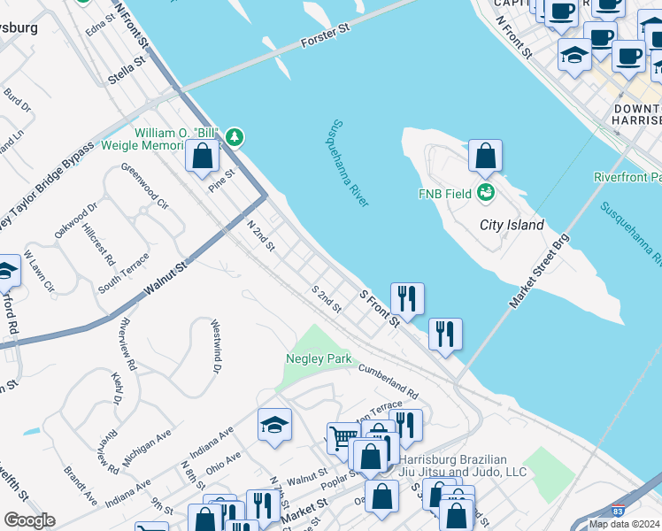 map of restaurants, bars, coffee shops, grocery stores, and more near 1 Locust Street in Wormleysburg