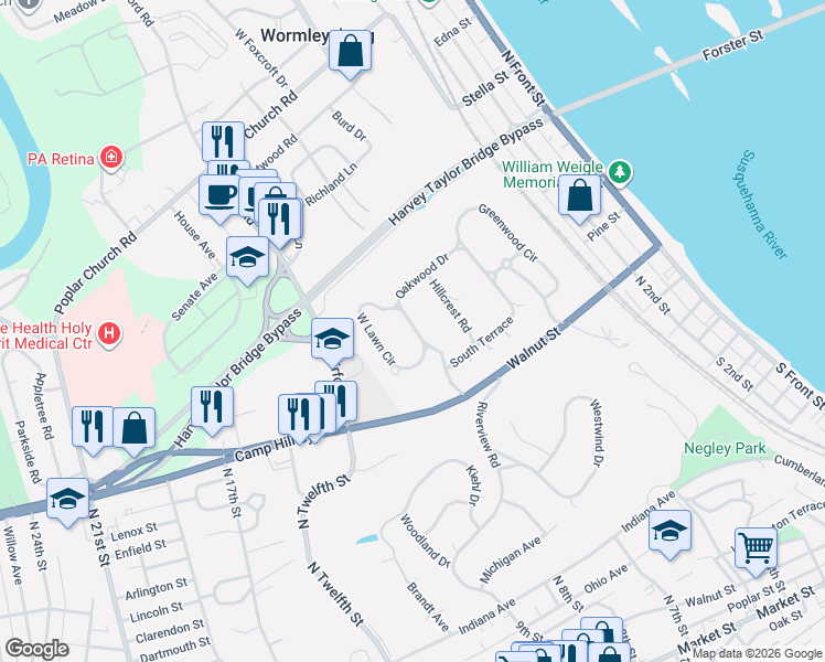 map of restaurants, bars, coffee shops, grocery stores, and more near 35 Beach Farm Road in Wormleysburg