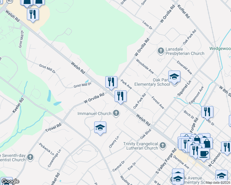map of restaurants, bars, coffee shops, grocery stores, and more near 1419 Pennsylvania 63 in Hatfield