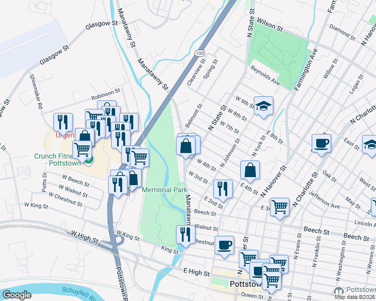 map of restaurants, bars, coffee shops, grocery stores, and more near 327 Manatawny Street in Pottstown