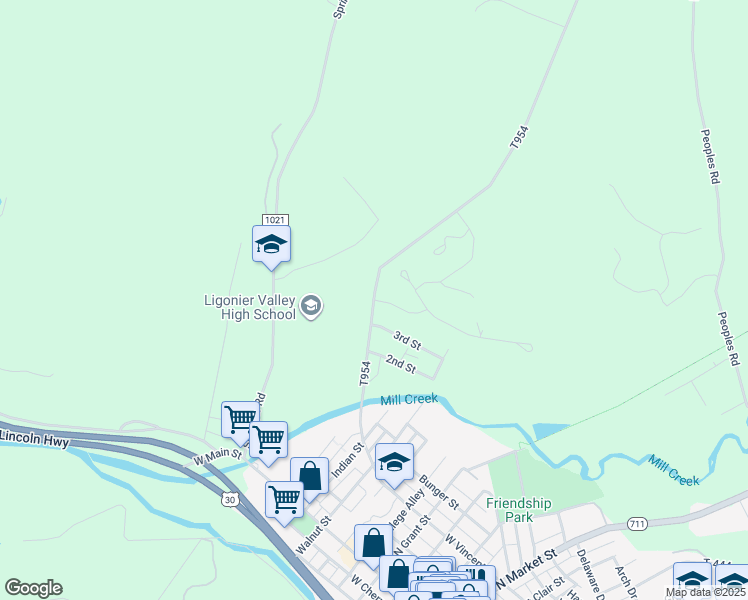 map of restaurants, bars, coffee shops, grocery stores, and more near 89 T954 in Ligonier