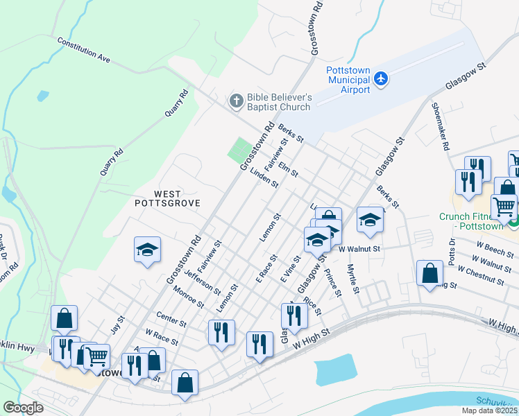 map of restaurants, bars, coffee shops, grocery stores, and more near 561 East Howard Street in Stowe