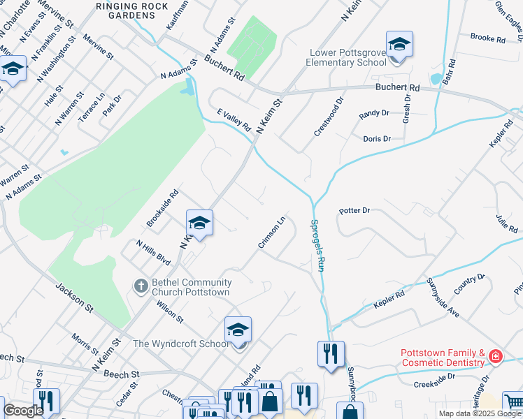 map of restaurants, bars, coffee shops, grocery stores, and more near 1050 Timber Lane in Pottstown