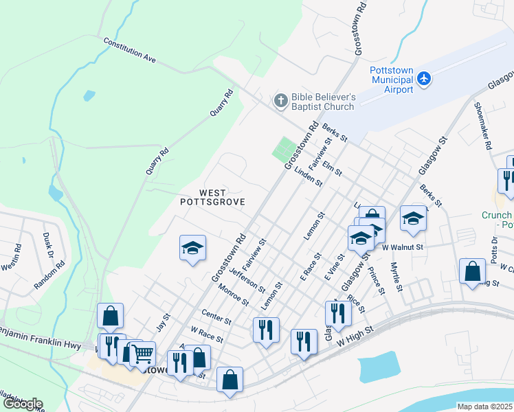 map of restaurants, bars, coffee shops, grocery stores, and more near 435 Grosstown Road in Pottstown